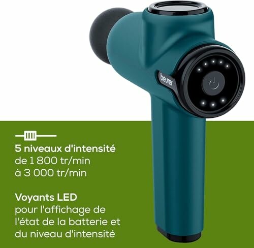 Pistolet de massage Beurer avec voyants LED et niveaux d'intensité réglables.