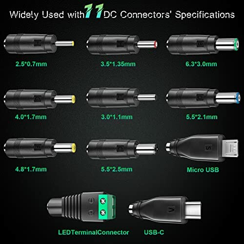 Différents connecteurs DC avec spécifications.