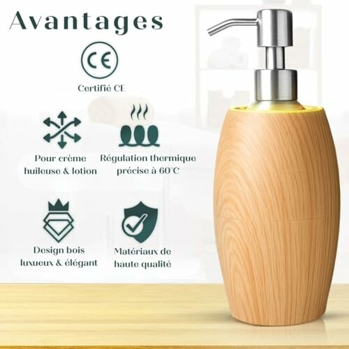 Distributeur de savon en bois avec avantages listés