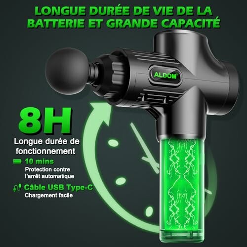 Pistolet de massage avec batterie longue durée et capacité élevée.