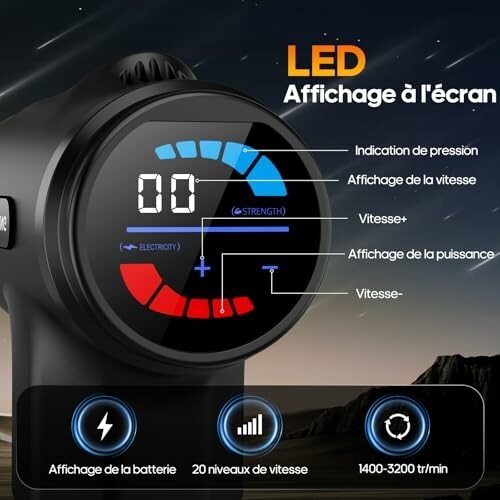 Affichage LED du pistolet de massage avec indicateurs de vitesse et de puissance.