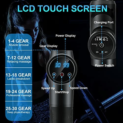 Écran tactile LCD de pistolet de massage avec réglages de vitesse multiples