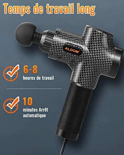 Pistolet de massage avec longue durée de travail, 6-8 heures d'utilisation.