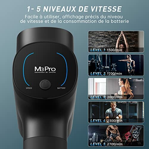 Pistolet de massage M3Pro avec cinq niveaux de vitesse.