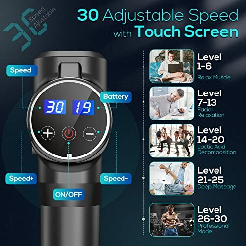 Pistolet de massage avec écran tactile et 30 vitesses ajustables.