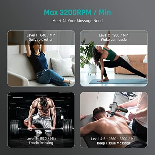 Guide d'utilisation du pistolet de massage avec différentes intensités.