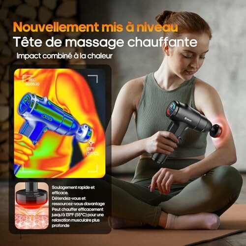 Femme utilisant un pistolet de massage chauffant