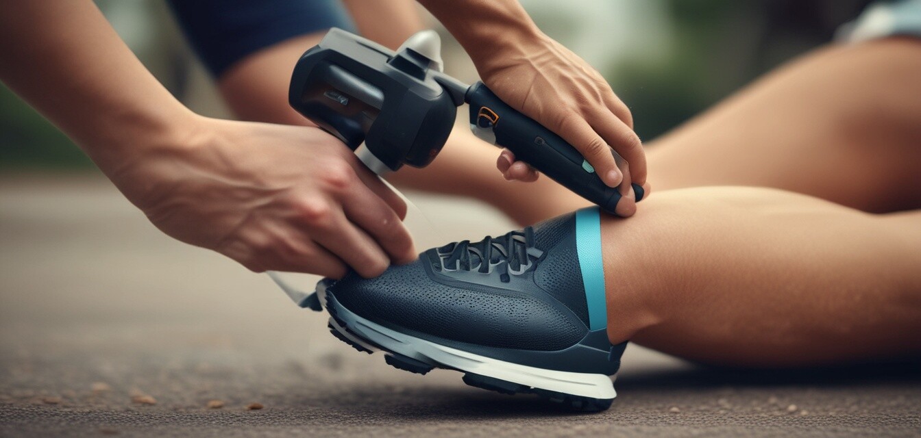 Massage gun in use on calf muscle