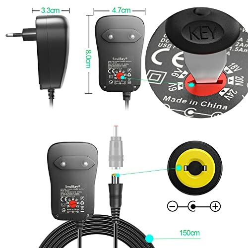 Adaptateur secteur universel avec connecteurs interchangeables et spécifications.